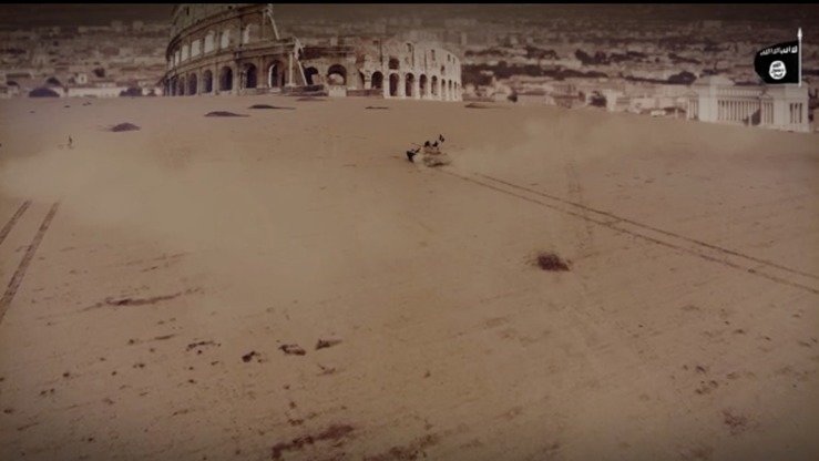 Screen shot of an ISIL video depicting ISIL tanks invading Rome. Many ISIL videos depict end of the world battles between the group's fighters and the 'unbelievers'.