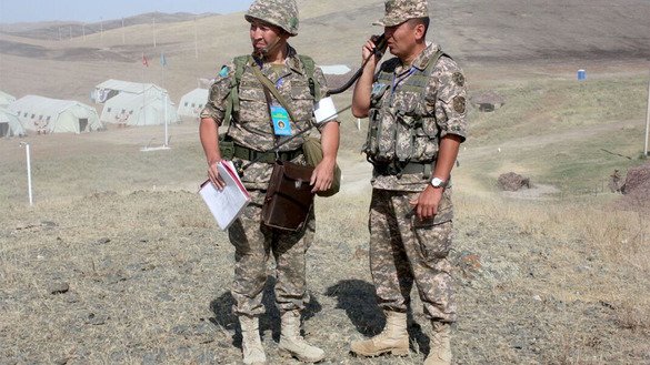 Sappers' tasks include de-mining an area so that special forces can storm in and wipe out terrorists, said the Kazakhstani sapper. The troops (shown at the Otar military base) "used portable mine detectors .. and radio signal jammers" in their training, he said.[Kazakhstani Defence Ministry]