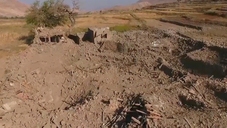 A screenshot from the 'Islamic State' propaganda video released March 4 shows the aftermath of a coalition air strike on a group hideout.