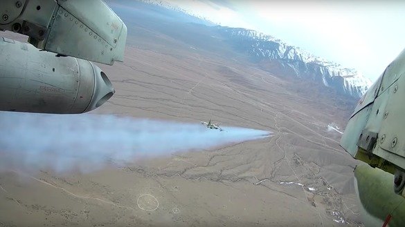 
Russian attack aircraft fire missiles at various hypothetical targets outside Kant, Kyrgyzstan, in March 2018.  [Russian Ministry of Defence]        