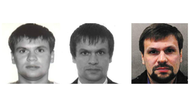 Tekshiruvlar natijasida Solsberi voqeasi gumondorlaridan biri Rossiya josusi bo‘lgani tasdiqlangan. Chapda: Anatoliy Chepiganing 2003-yilgi pasport surati. O‘rtada: Ruslan Boshirovning 2009-yilgi pasport surati. O‘ngda: Ruslan Boshirovning Britaniya politsiya tomonidan e’lon qilingan surati. (Bellingcat)