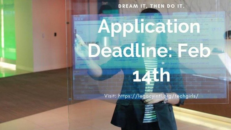 «TechGirls 2019» постерида ариза топширишнинг сўнгги муддати 14 февраль эканлиги кўрсатилган. (TechGirls/Facebook)