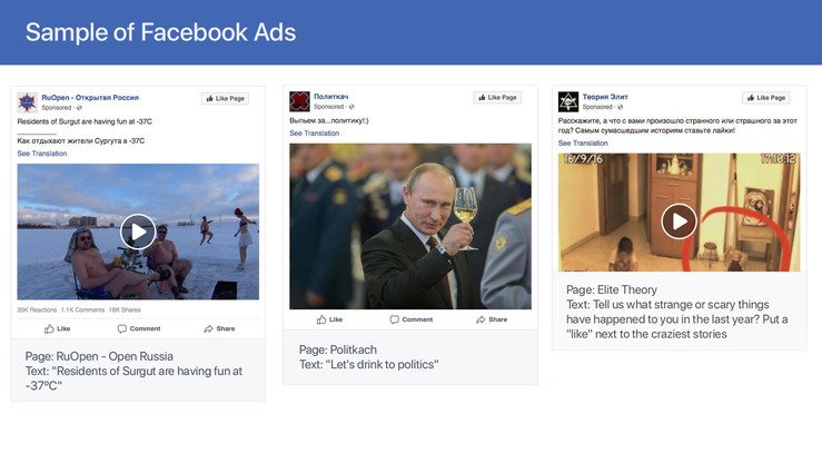 Facebookning o‘tgan yil 3-aprel kungi e’lonida Rossiyadagi Internet tadqiqotlari agentligi (IRA) tomonidan nazorat qilinadigan akkauntlar va sahifalarda joylashgan reklama aks etgan. 26-mart kuni Facebook aksari Rossiya bilan bogʻliq boʻlgan yana 2600 ta sahifa, guruh va akkauntlarni o‘chirgani haqida xabar berdi. (Facebook)