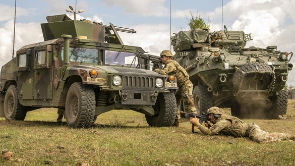 US troops establish a perimeter around a simulated enemy compound during Noble Partner at Vaziani Training Area in Georgia September 15, 2020. The exercise is designed to enhance force readiness and interoperability. [US Department of Defence]