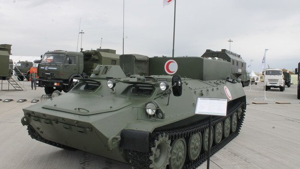An armoured medical evacuation vehicle, designed by Kazakhstan Engineering to render first aid and evacuate wounded combatants, is shown at KADEX-2018 in Astana May 24. [Aydar Ashimov]