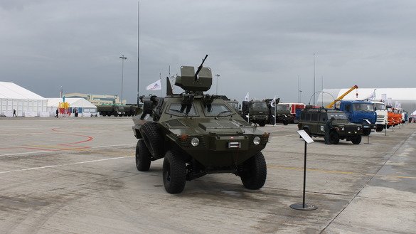 The Cobra combat vehicle, seen here at KADEX-2018 in Astana on May 24, is designed for patrols, escorts and destruction of lightly armoured targets, according to the Kazakh Ministry of Defence. The Turkish-designed vehicle is built in Kazakhstan. [Aydar Ashimov]