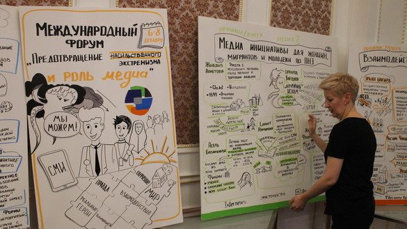 Участники форума 7 декабря в Бишкеке учатся изображать информацию визуально с помощью плакатов с основными идеями специалистов. [Айдар Ашимов]