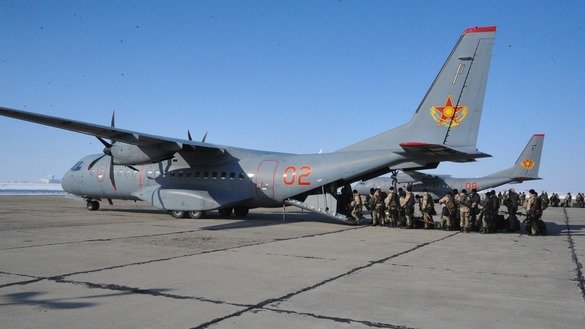 Special forces prepare to board a flight in Akmola Province on March 21. [Kazakh Ministry of Defence]