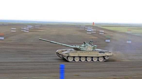 Kazakh tank crews demonstrate their training to Defence Minister Nurlan Yermekbayev in April at the Mailino training ground in East Kazakhstan Province. [Kazakh Defence Ministry]