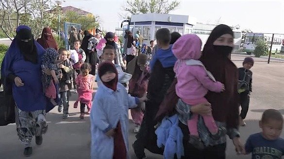 Women and children who returned from Syria to Kazakhstan can be seen at a rehabilitation centre in Mangystau Province in a screenshot from a KNB video.