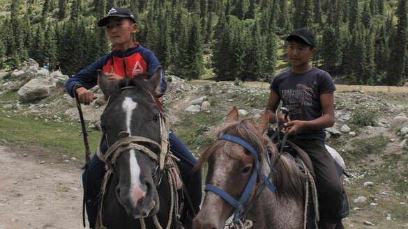 Местные мальчишки предлагают туристам покататься на конях. Ущелье Барскаун, Иссык-Кульская область, 3 июля. [Айдар Ашимов]