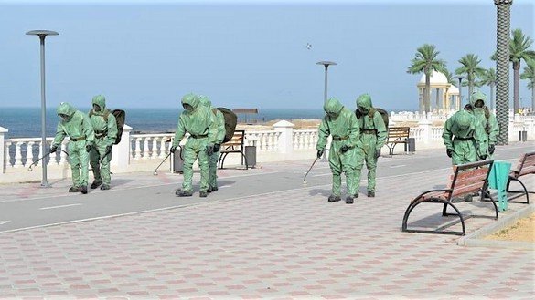 Biological protection units of Kazakhstan's armed forces disinfect the embankment of the Ishim River in Nur-Sultan March 25. [Kazakh Armed Forces]