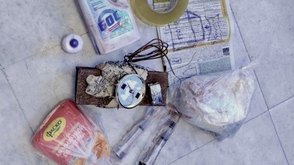 Components of an explosive device seized from a detainee accused of plotting a terror attack can be seen in this photo taken in Nur-Sultan on March 25. [Kazakh KNB]