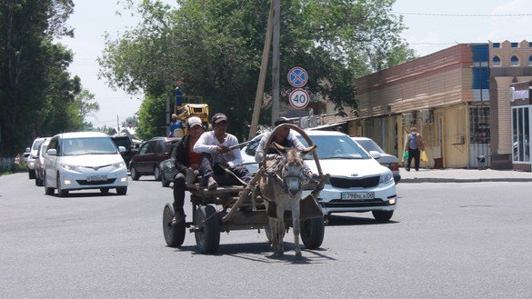 Местные жители едут в запряженной ишаком повозке: в Казахстане снят запрет на передвижение на транспорте. Тараз, 29 мая. [Айдар Ашимов]
