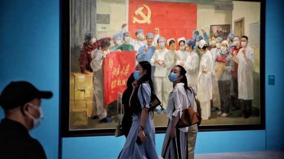 Shown is one of the paintings on display now at the National Museum of China, depicting the country's efforts in the coronavirus pandemic as "heroic". [Jiang Dong/China Daily]