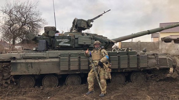 A seized Russian tank can be seen on the outskirts of Mariupol on March 7 in this photo posted on Telegram.