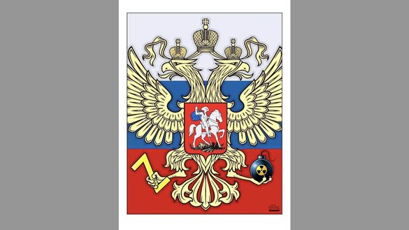 The two-headed Russian eagle holds in its claws a nuclear bomb and the letter 'Z' -- a symbol of the Russian invasion of Ukraine -- instead of the traditional sceptre and orb. [Makhmud Eshonkulov]