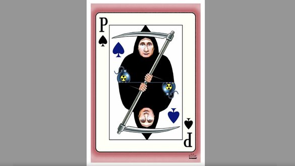 Russian President Vladimir Putin is depicted on a playing card as the Grim Reaper. [Makhmud Eshonkulov]