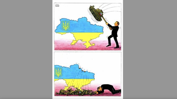 Russian President Vladimir Putin attempts to bludgeon a map of Ukraine with a tank. [Makhmud Eshonkulov]