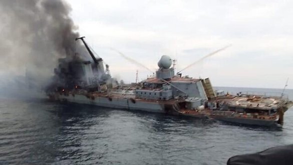 A screenshot from a video posted on social media shows the damaged Moskva ship about to sink in the Black Sea in April.